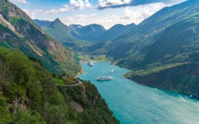 A bird-eye shot of the view of the Geirangerfjord, Norway